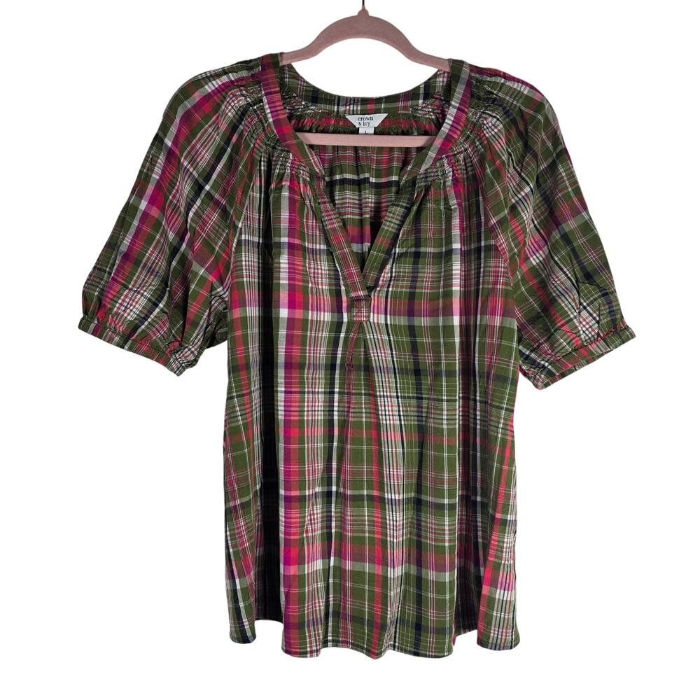 Crown & Ivy Green & Pink Plaid V-neck Peasant Blouse size Large